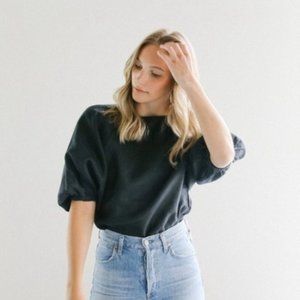 NWT Lanhtropy Black Linen Puff Sleeve Top